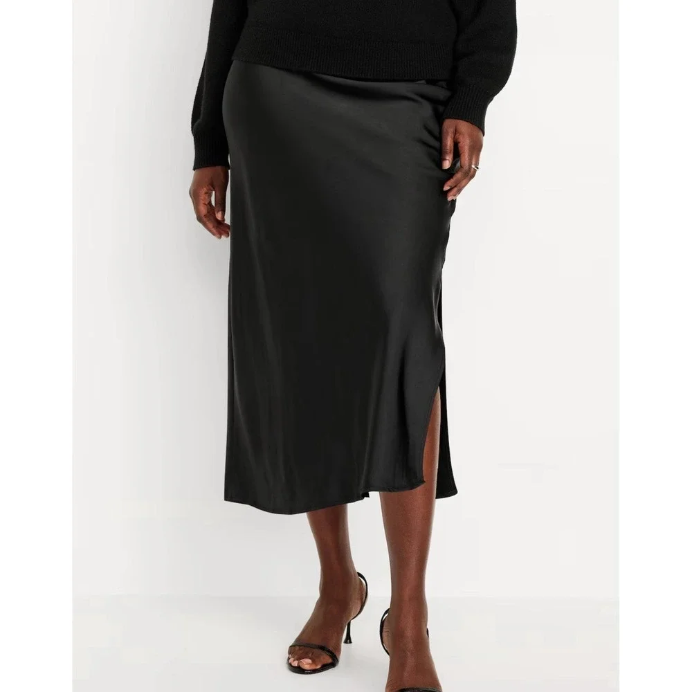 Old Navy Black High-Waisted Satin Midi Slip Skirt Size XXL  Grunge Whimsigoth